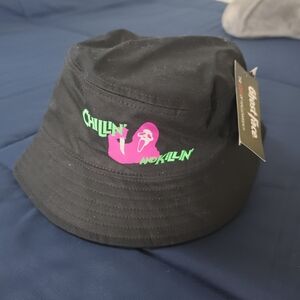 Hot Topic Black Bucket Hat with Neon Pink & Green Ghostface Graphic